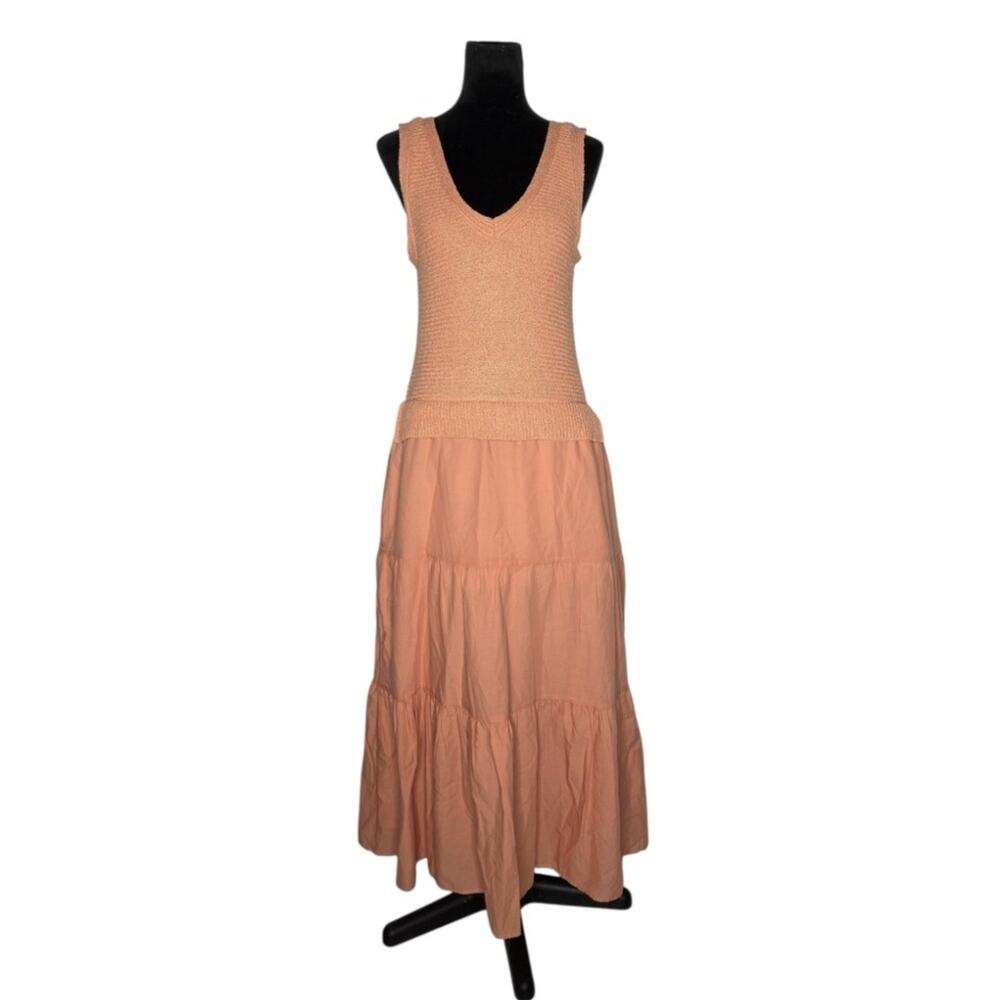 Cynthia Rowley Mixed Media Tank Tiered Dress Drop Waist Sz M Dusty Peach Boho - Picture 2 of 11